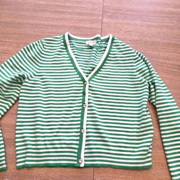 On 34th Cardigan Sweater Green & White Stripe Rhinestone buttons Size XL - Picture 3 of 7